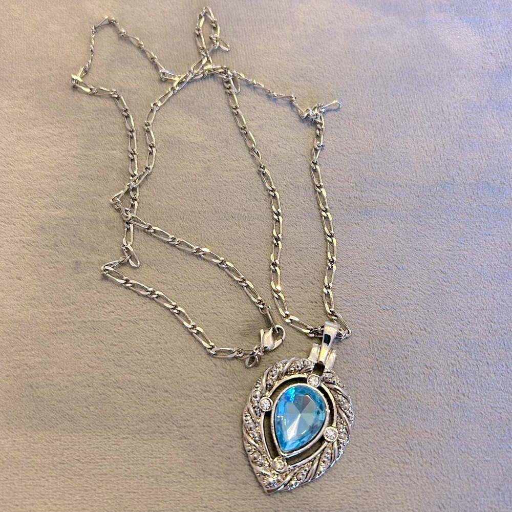 AVON Rhinestone & Faux Blue Topaz Pear Pendant